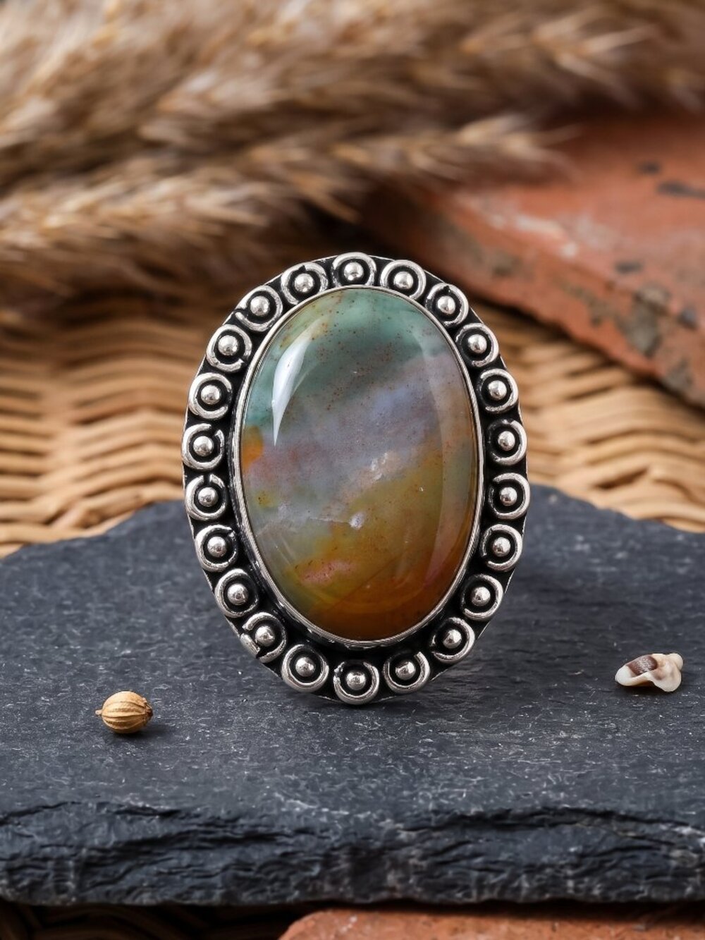 Fancy Jasper Ring 925 Sterling Silver Ornate Beaded Bezel Bohemian Size 7.25